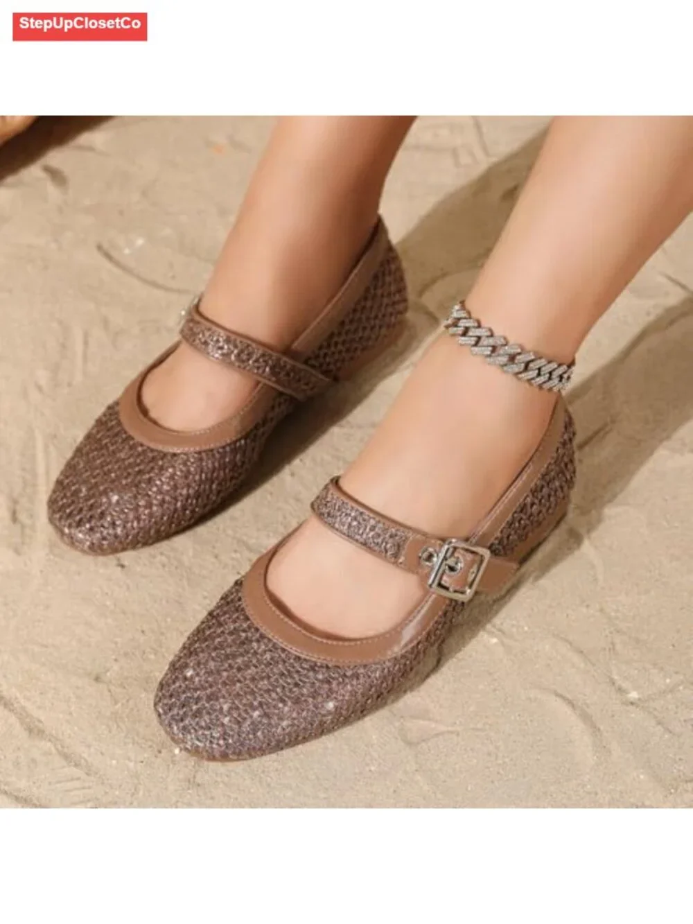 Mesh Ballet Flats with Buckle Cushioned Insole Breathable Woven Design